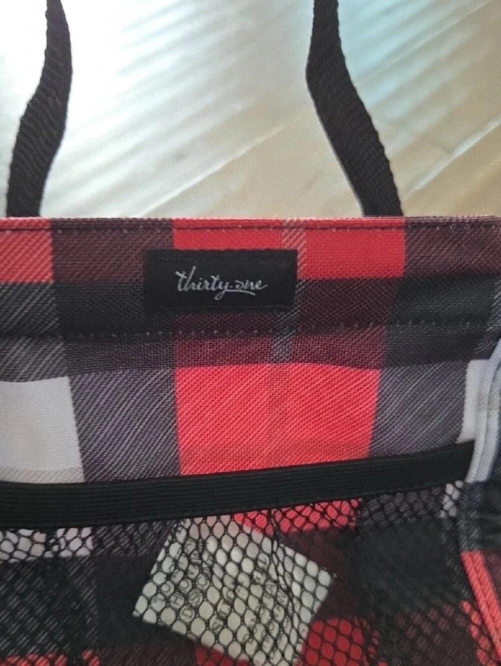 thirty-one Red Plaid Fabric Storage Bin with Mesh Front Pocket